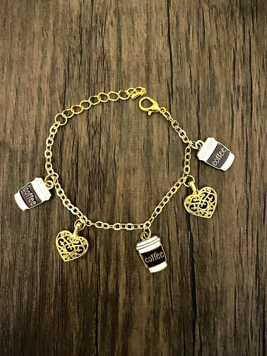 Coffee Cups and Hearts Charm Bracelet