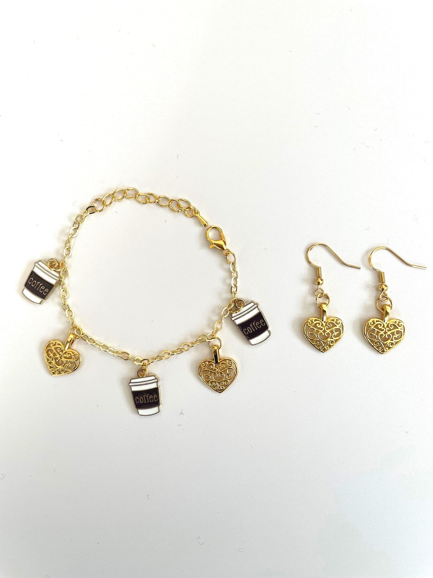 Heart Shaped Earrings and Coffee Cups Charm Bracelet Set