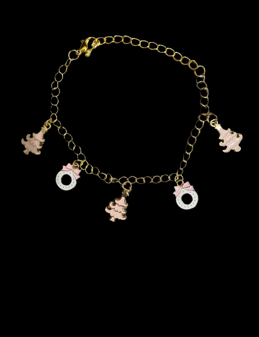 Pink Christmas Tree and White Wreath Charm Bracelet