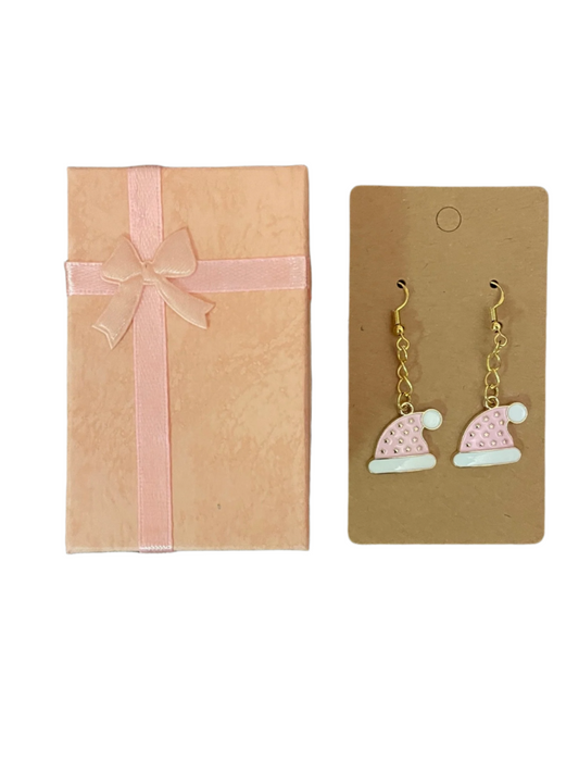 Pink Santa Hat Earrings with Gift Box