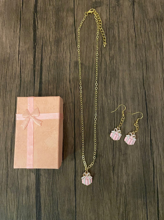 Pink Present Necklace and Earrings Gift Set