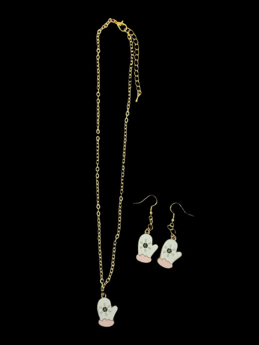 White Mittens Necklace and Earrings Gift Set