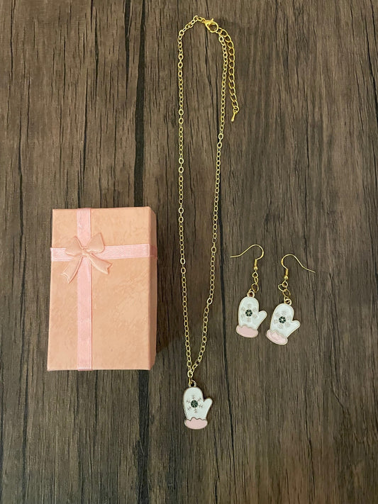 White Mittens Necklace and Earrings Gift Set