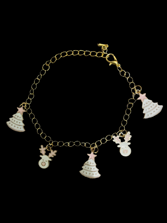 White Reindeer and Christmas Tree Charm Bracelet