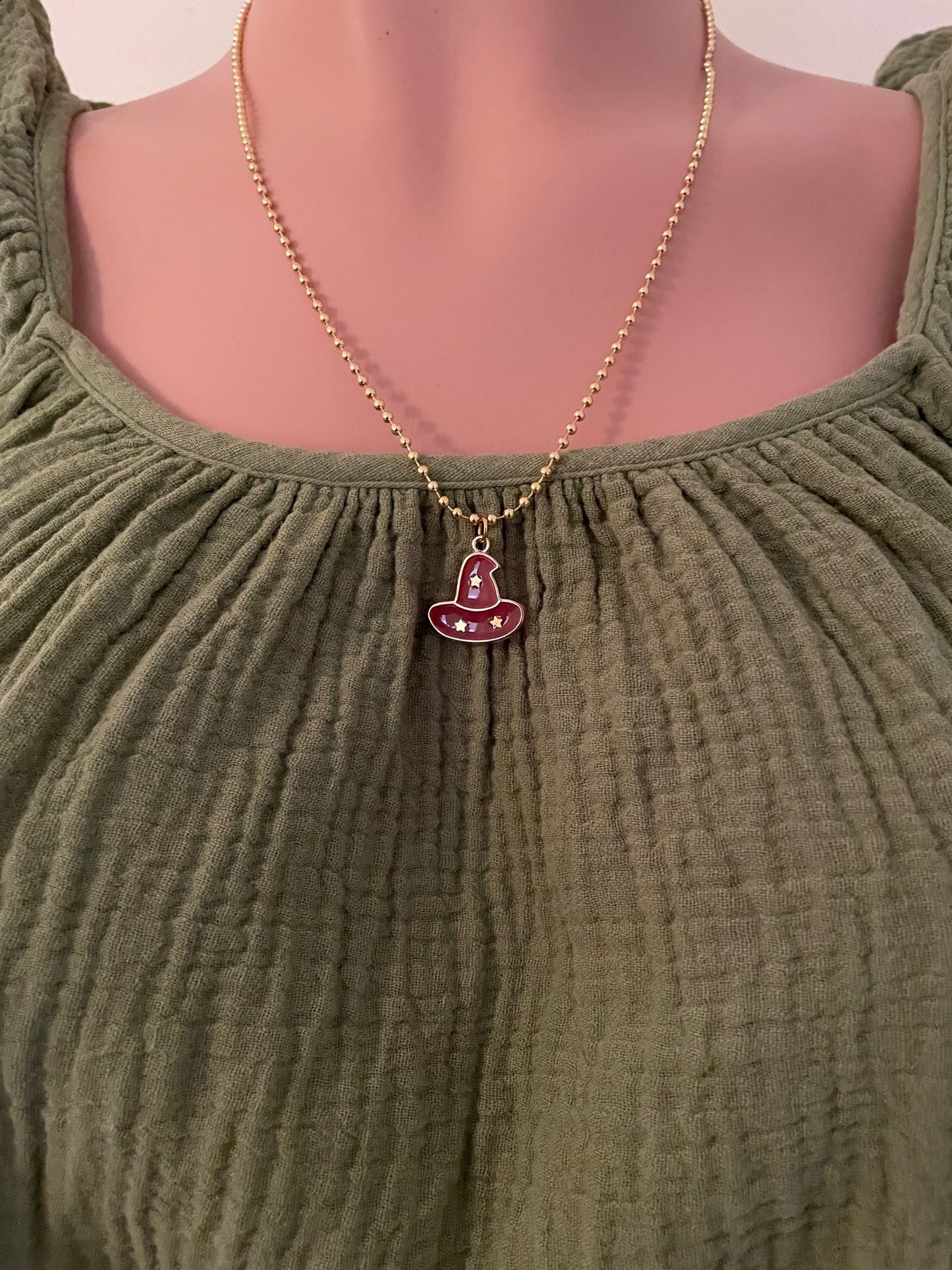 Pink Witch Hat Charm Halloween Necklace