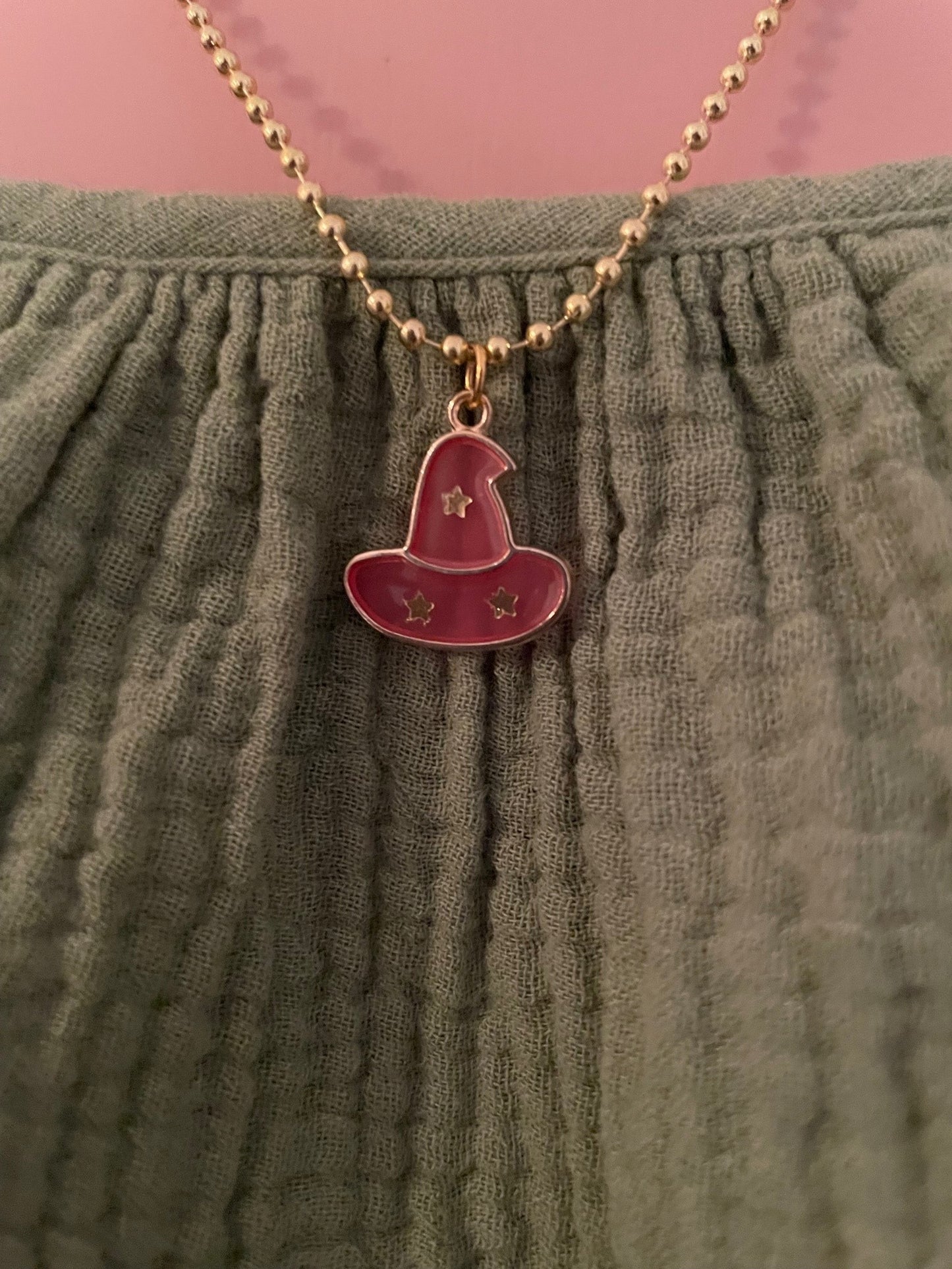 Pink Witch Hat Charm Halloween Necklace