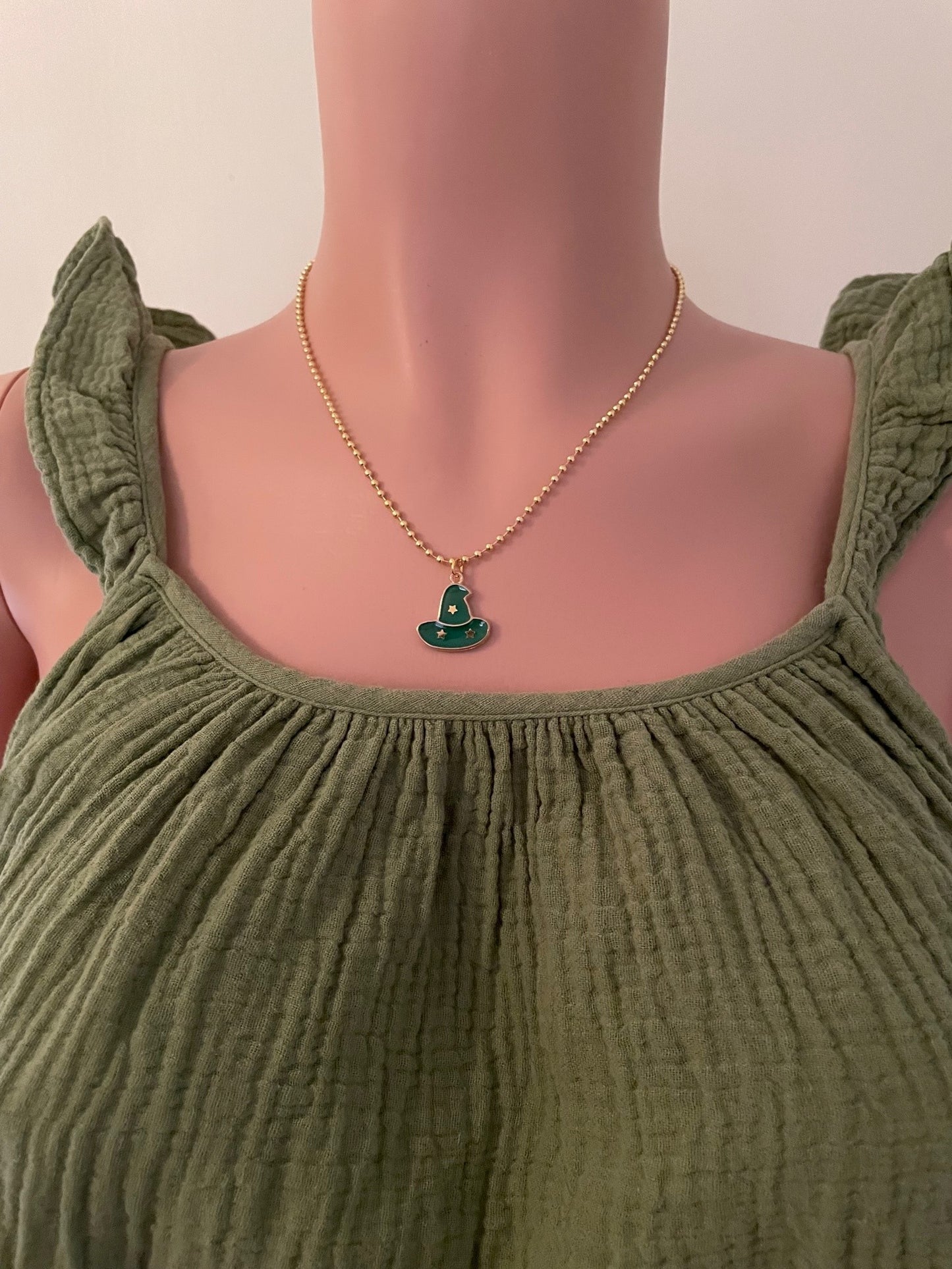 Green Witch Hat Charm Halloween Necklace