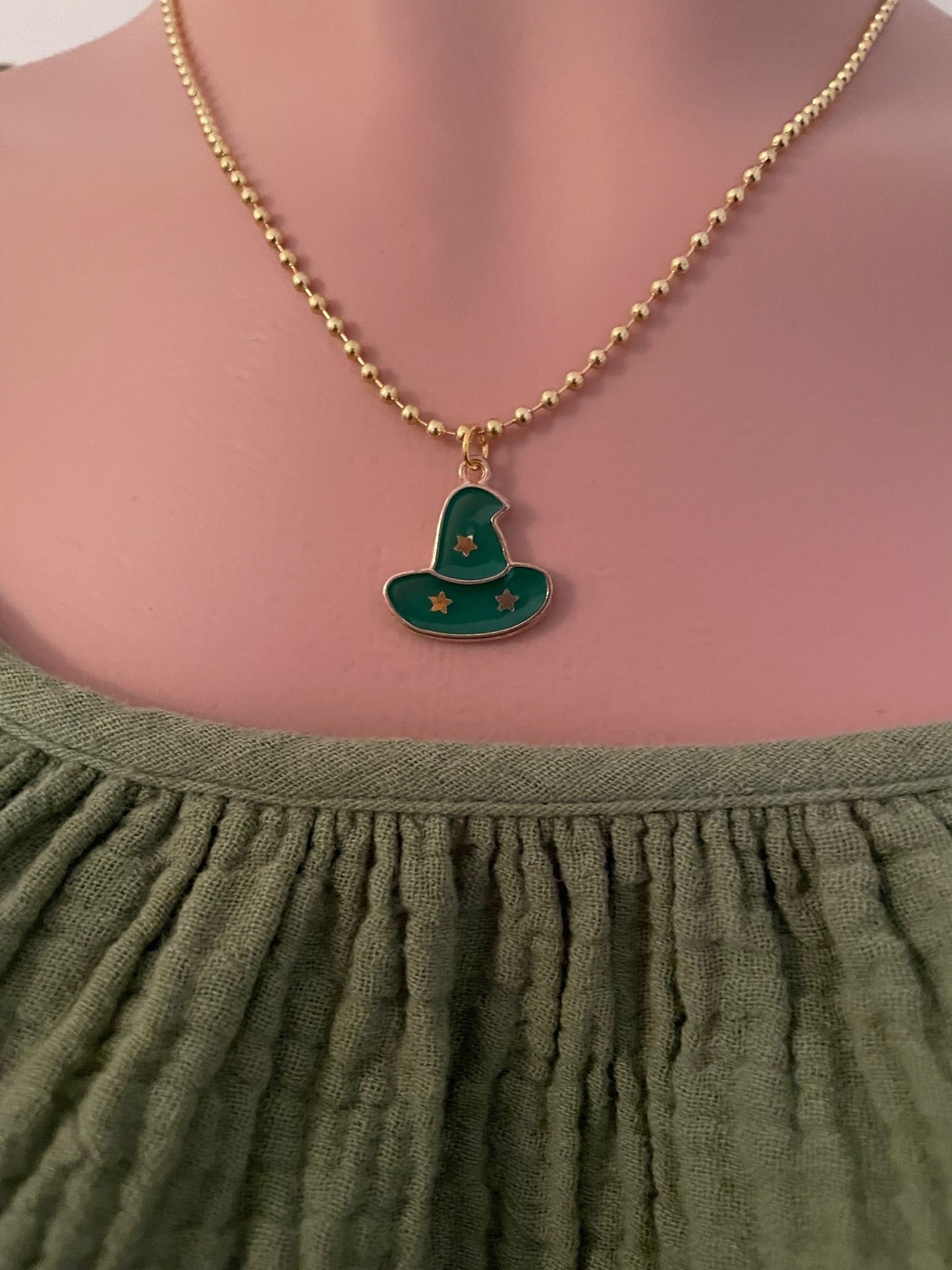 Green Witch Hat Charm Halloween Necklace