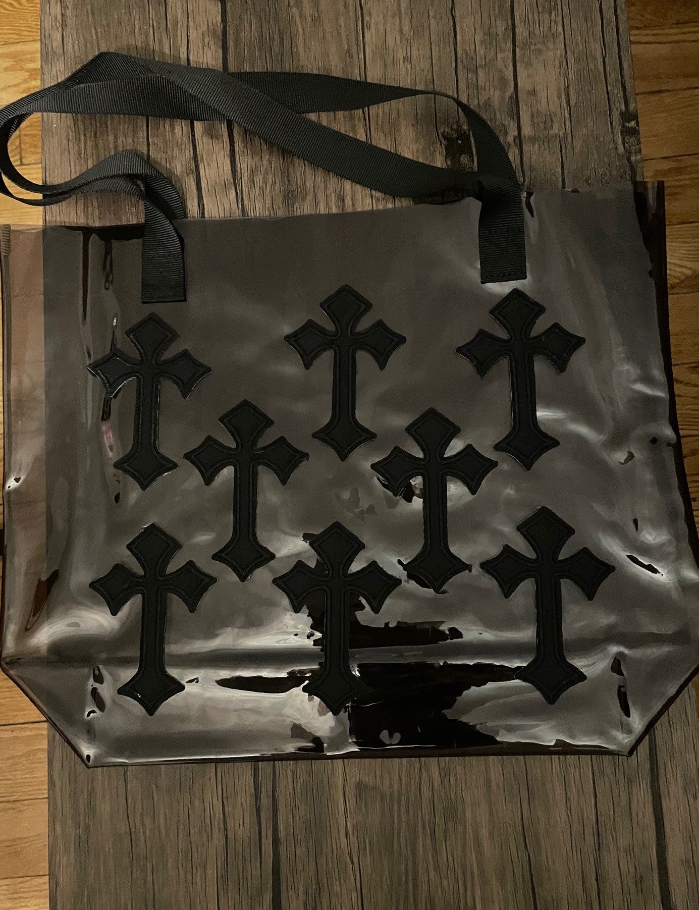 Black Cross Holographic PVC Black Tote Bag