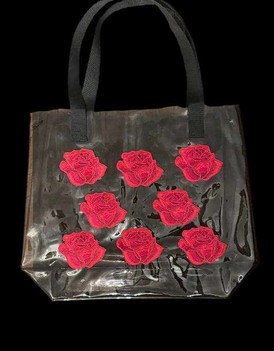 Red Rose Holographic PVC Black Tote Bag